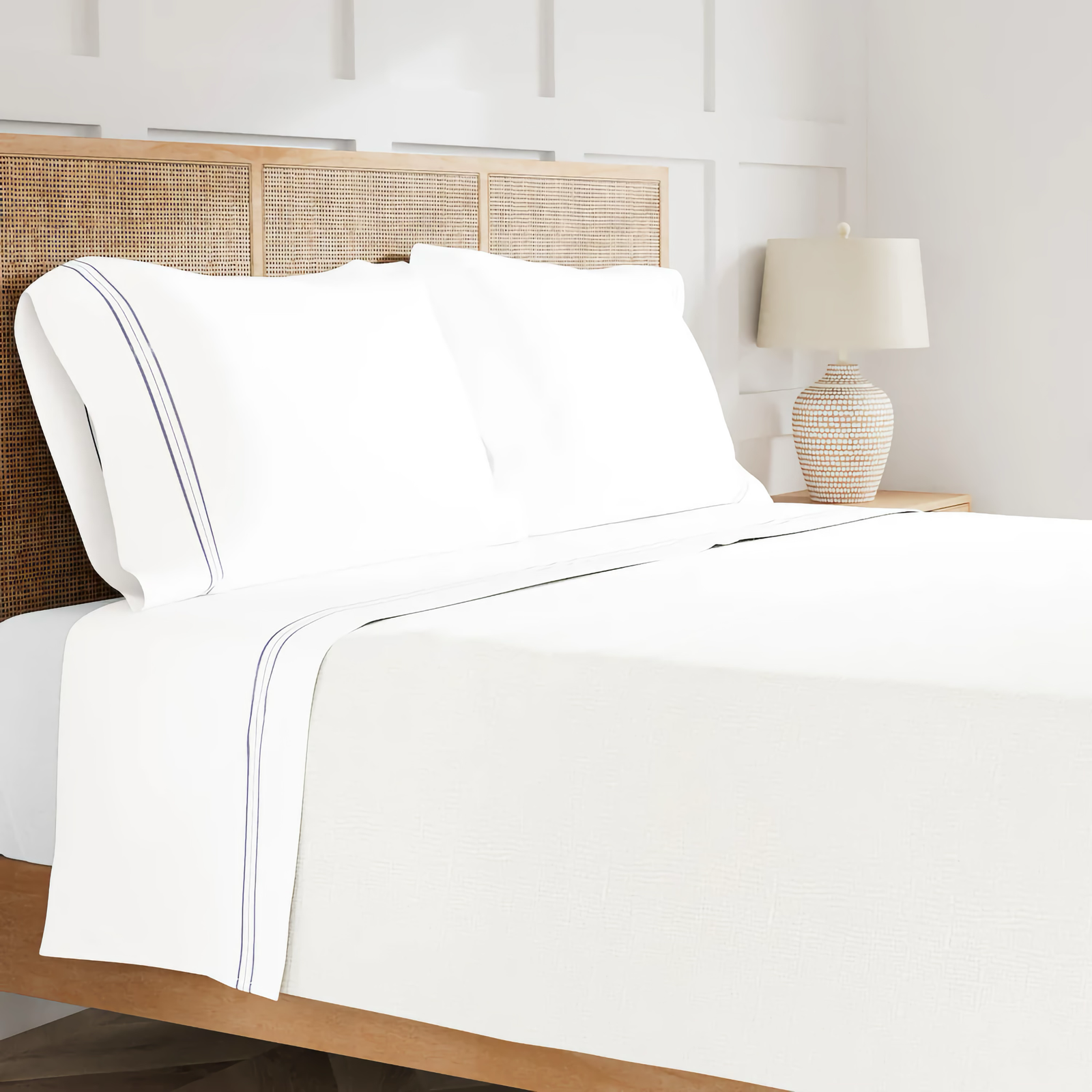 Side View of Ann Gish Hem Stripe Bedding in Navy