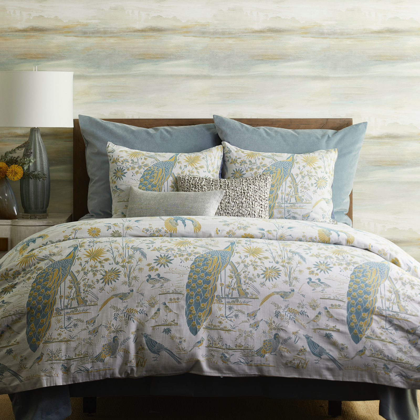 Front View of Blue Ann Gish Java Peacock Duvet Set