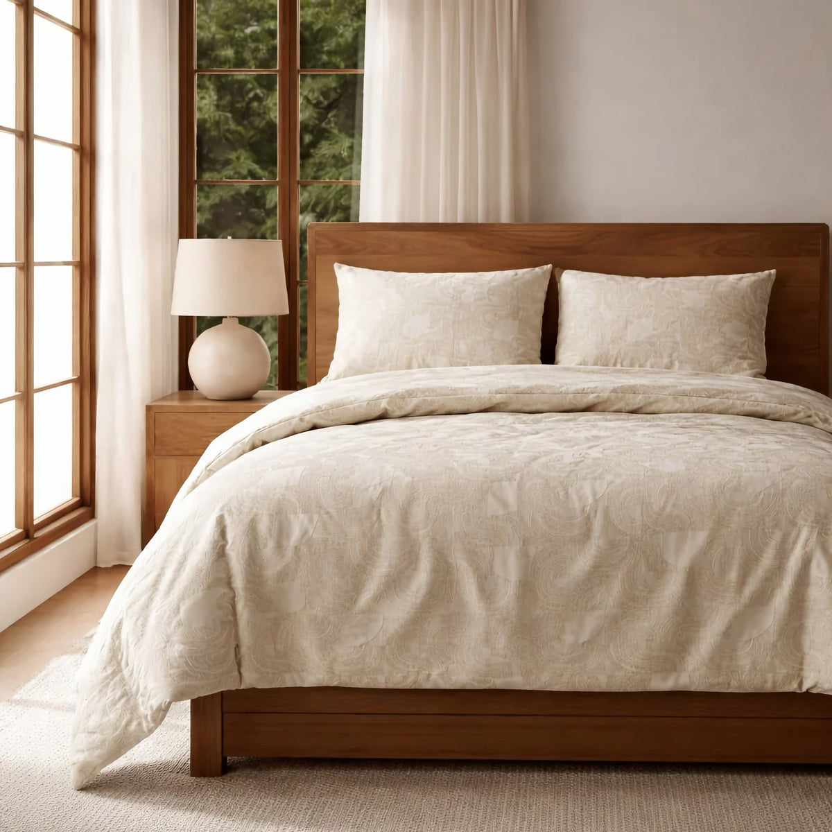 Bed with Sandstone-colored Ann Gish Lugano Comforter Set in a well lit room