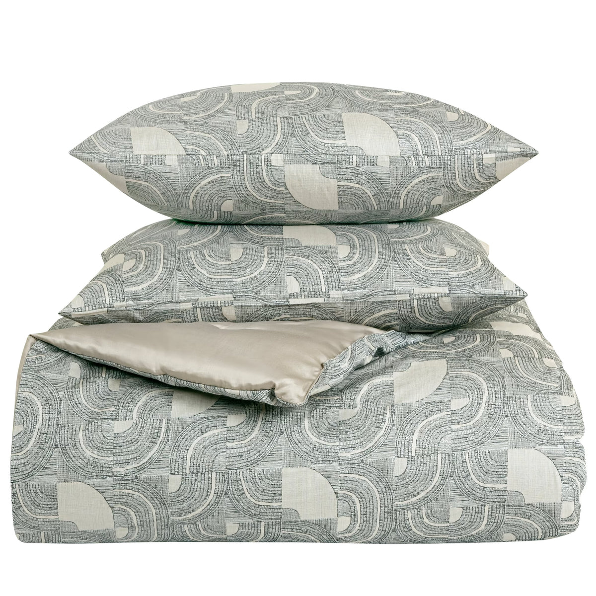 Stack of Charcoal and Pumice-colored Ann Gish Lugano Comforter Set