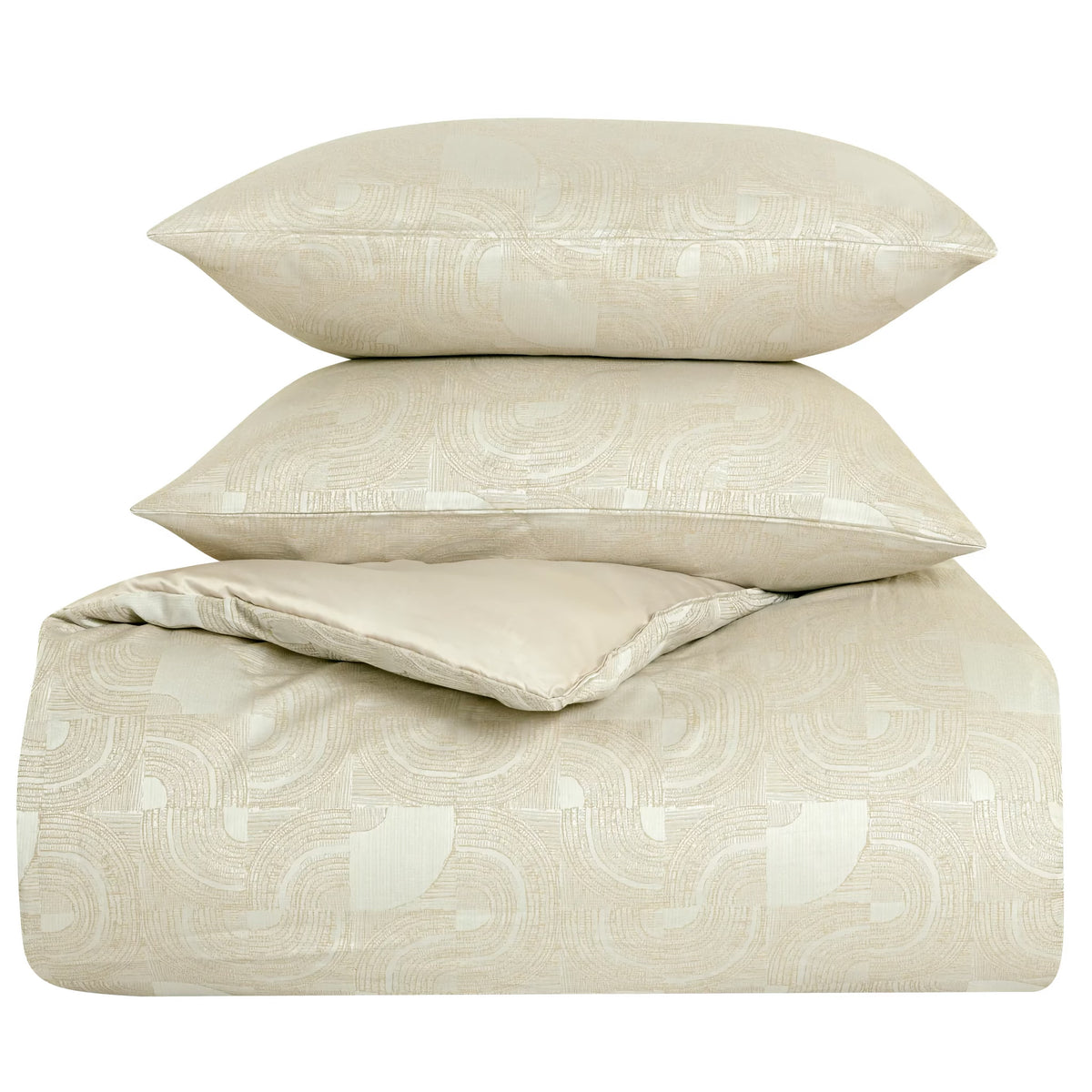 Stack of Sandstone-colored Ann Gish Lugano Comforter Set