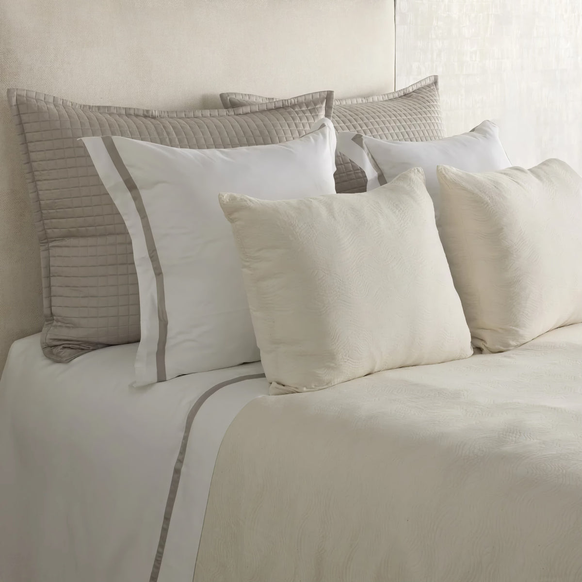 Side view of Silver-Colored Ann Gish Moonstone Comforter Set with coordinate bedding