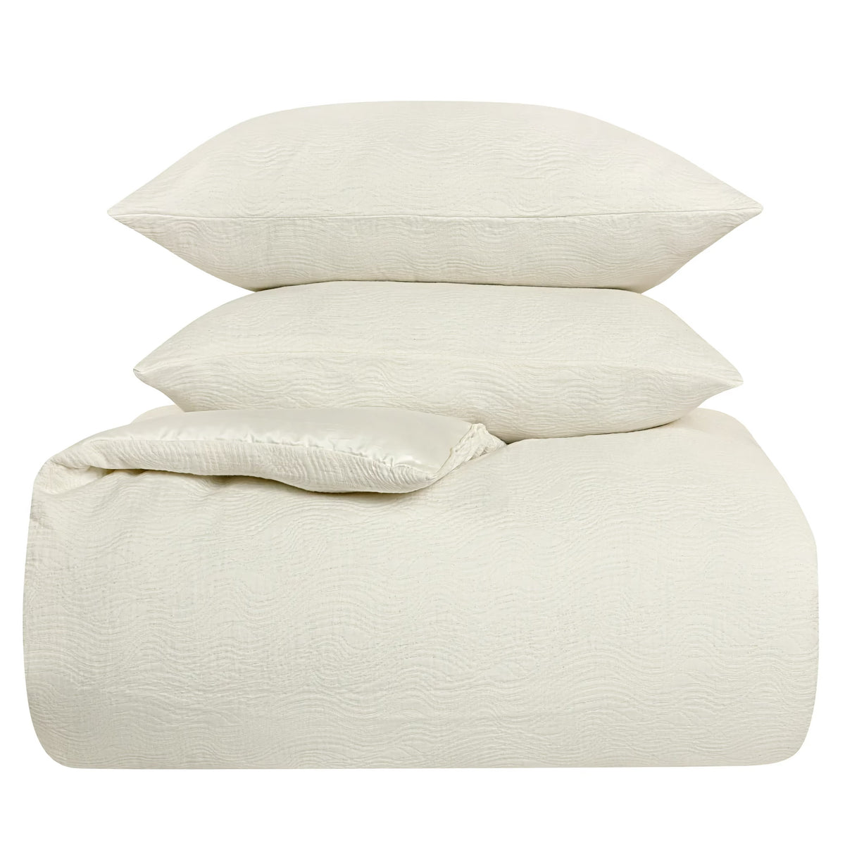 Stack of Silver-Colored Ann Gish Moonstone Comforter Set