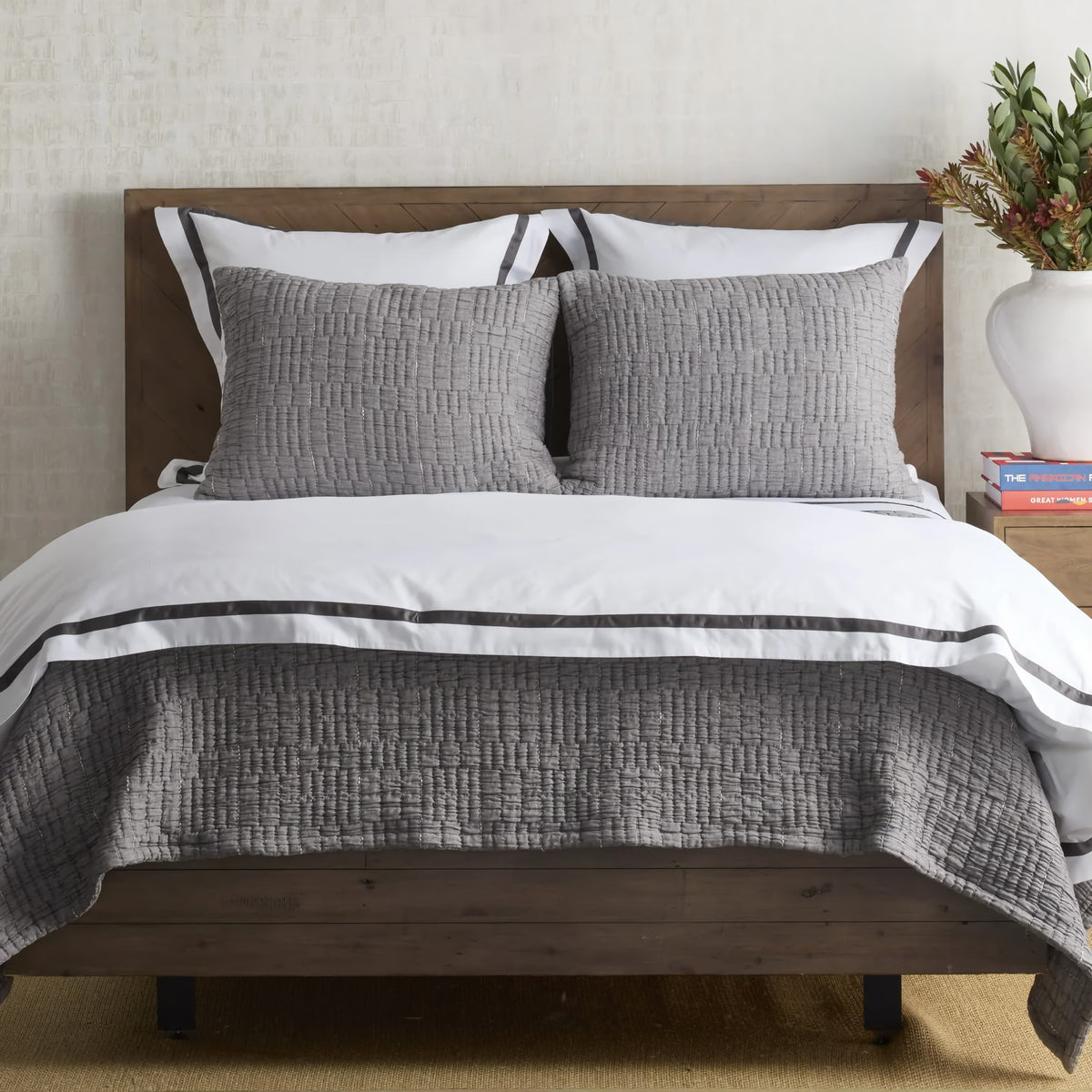 Charcoal colored Ann Gish Pickstitch Coverlet Set with grey lining bedding coordinate