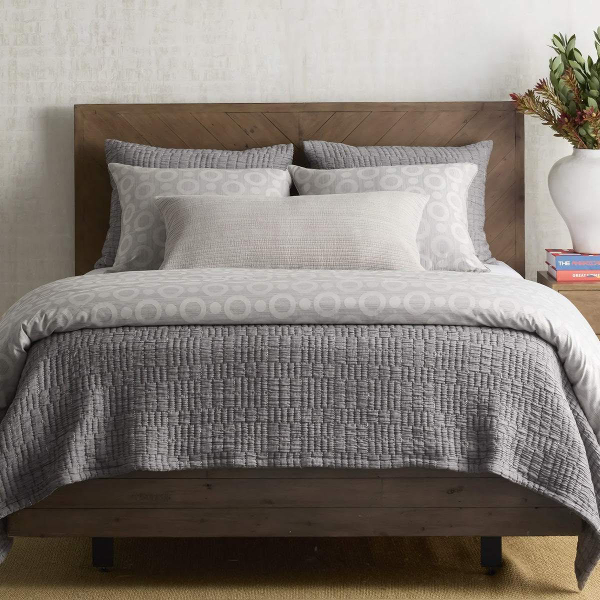 Charcoal colored Ann Gish Pickstitch Coverlet Set with decorative pillow 