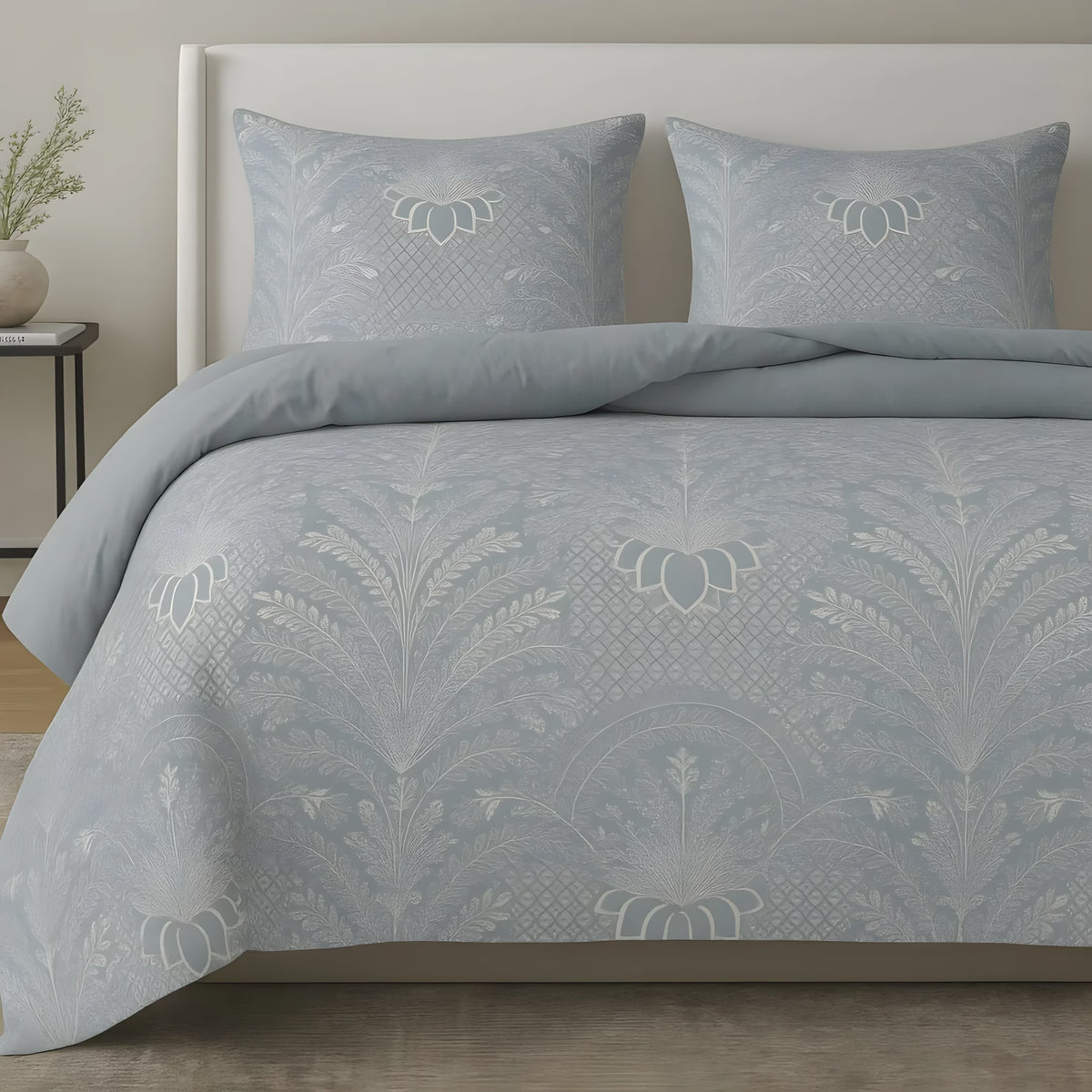 Bed with Blue and White-colored Ann Gish Printemps Comforter Set