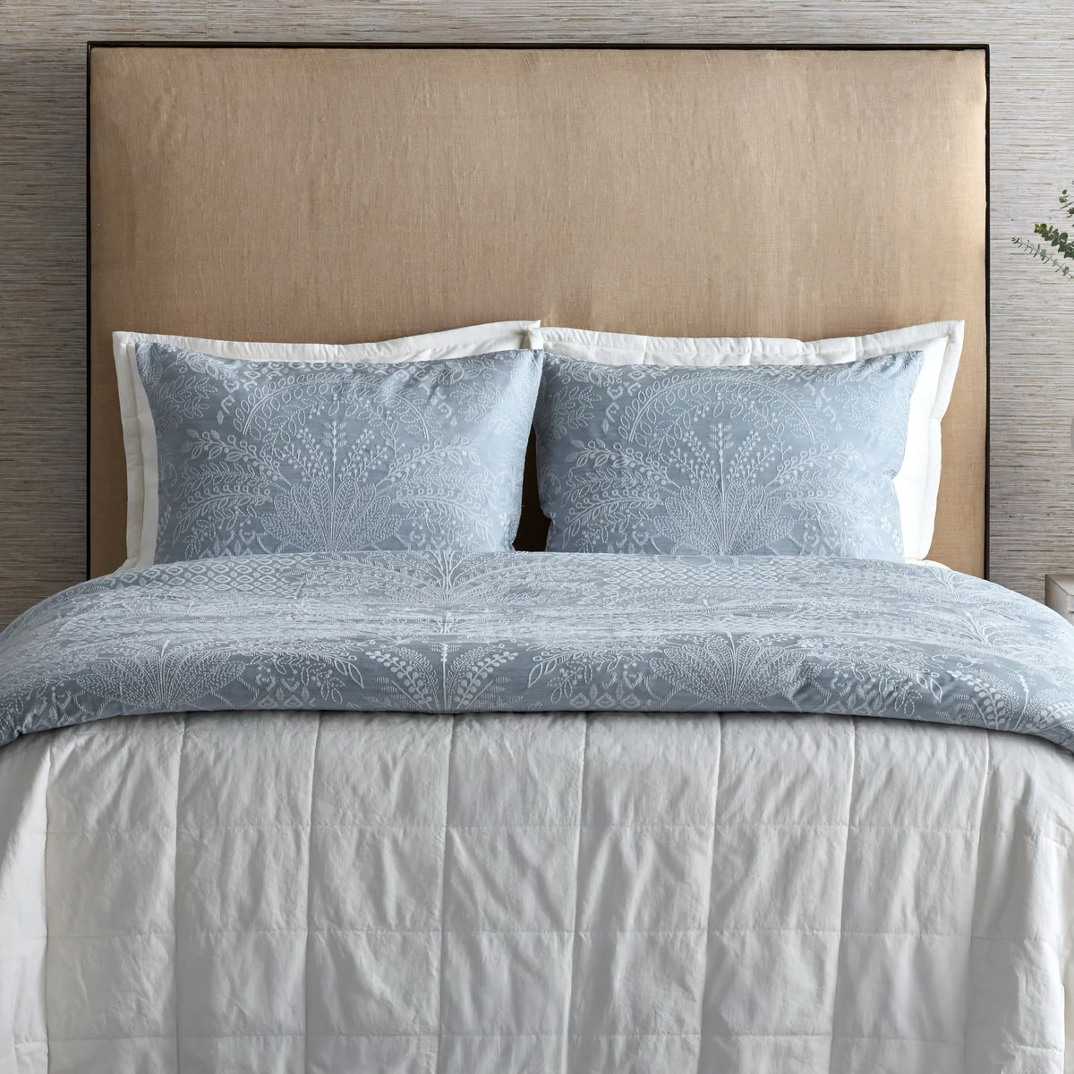 Blue and White-colored Ann Gish Printemps Comforter Set with White Bedding coordinate