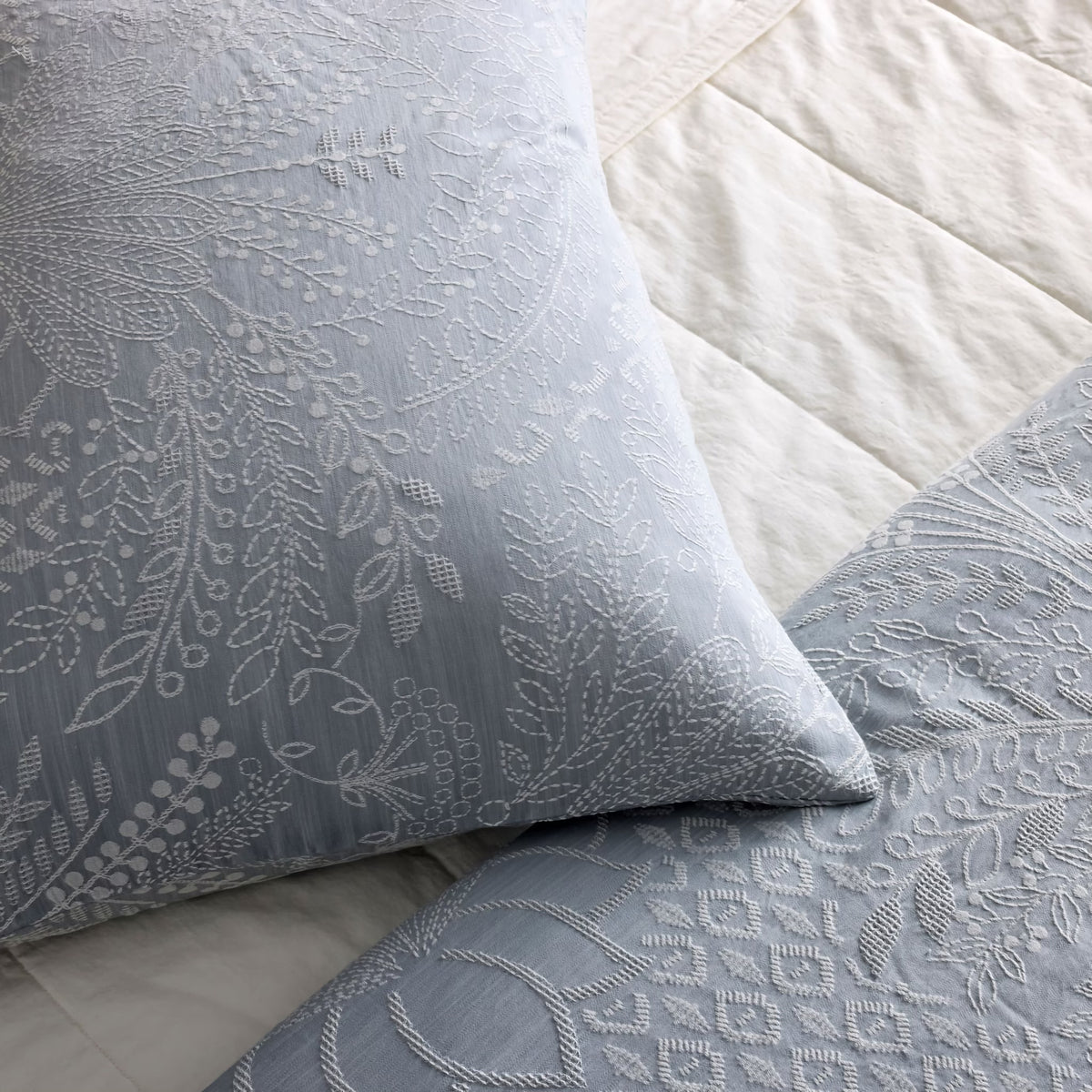Closeup of Blue and White-colored Ann Gish Printemps Comforter Set with White Bedding coordinate
