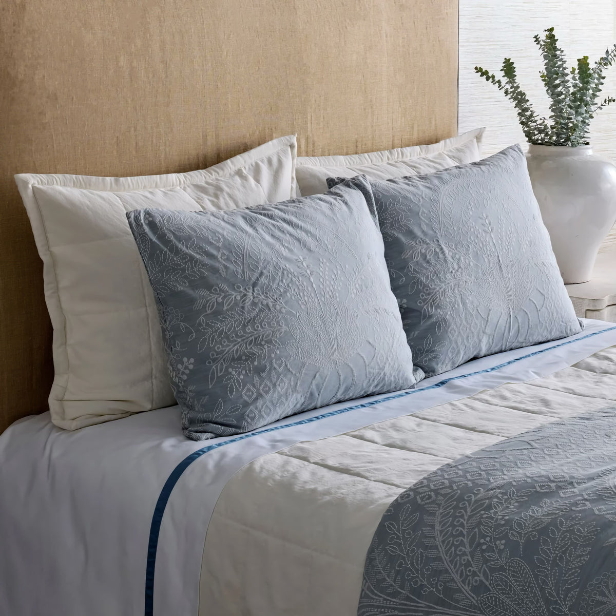 Side view of Blue and White-colored Ann Gish Printemps Comforter Set with White Bedding coordinate
