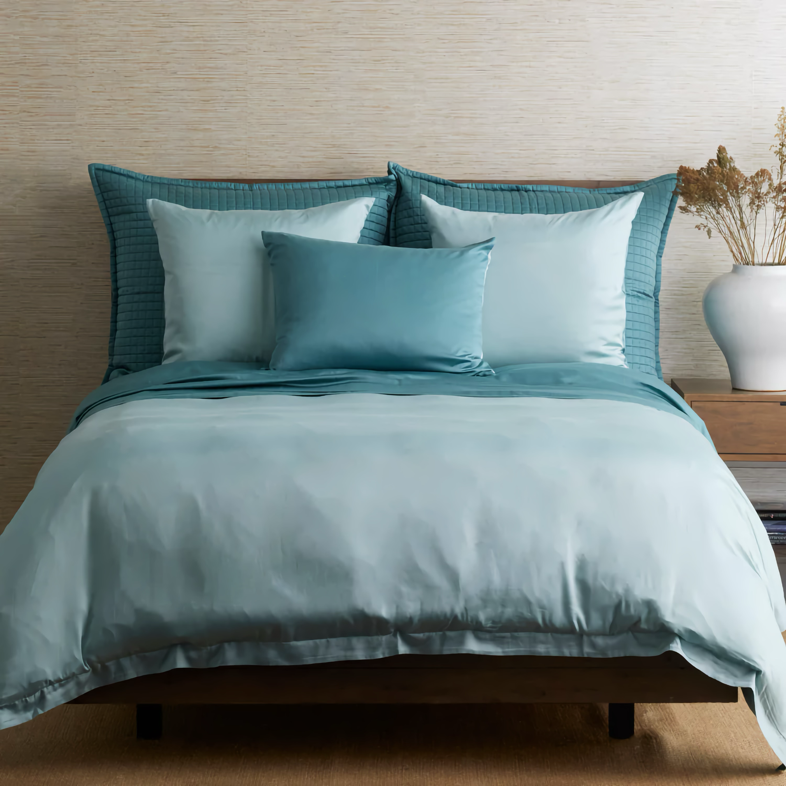 Bed in Aqua and Caribbean Ann Gish Ready-to-Bed 2.0 Duvet Covers and Shams