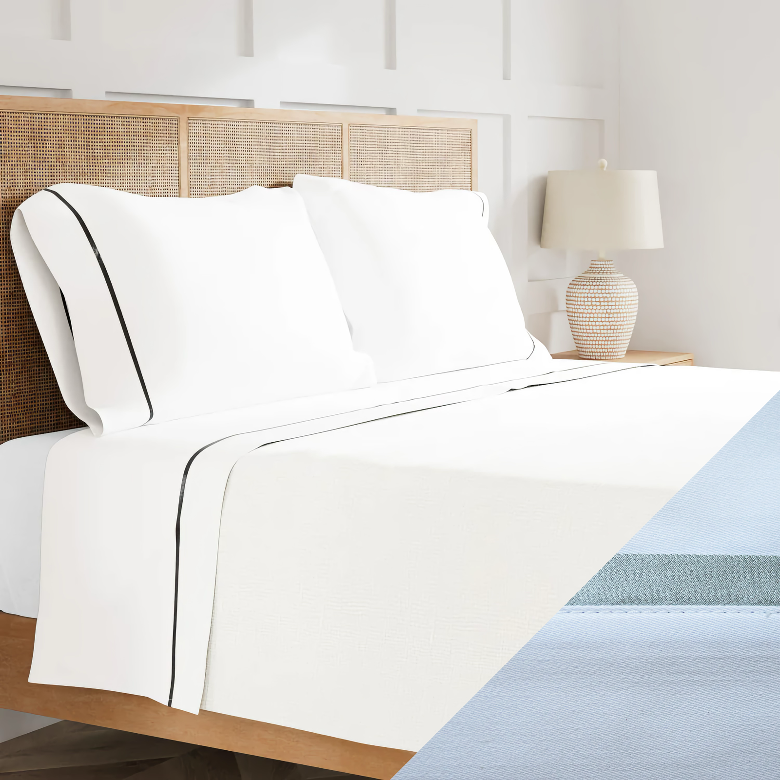 Side View of Ann Gish Silk Trim Bedding with Frost Swatch