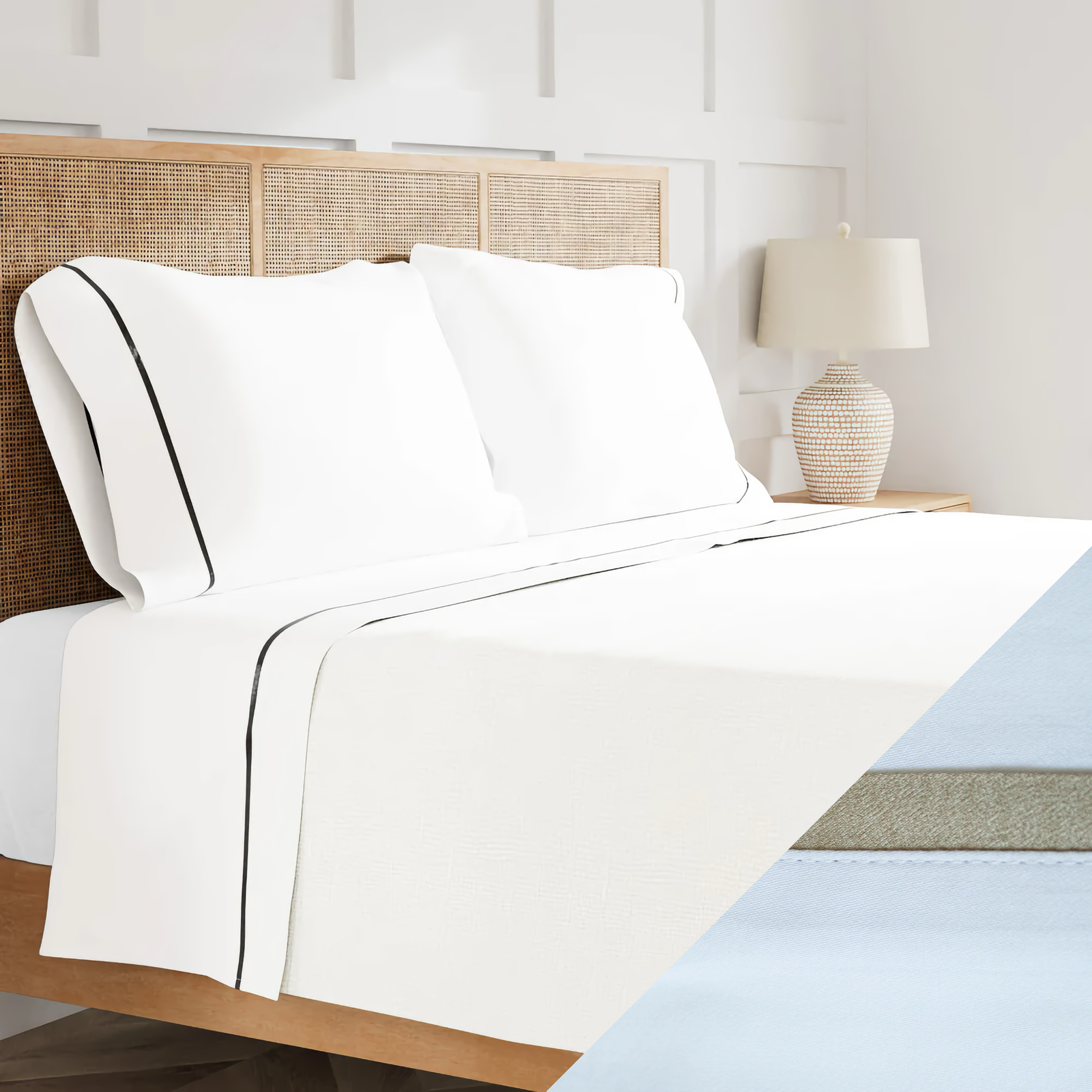 Side View of Ann Gish Silk Trim Bedding with Mystery Swatch