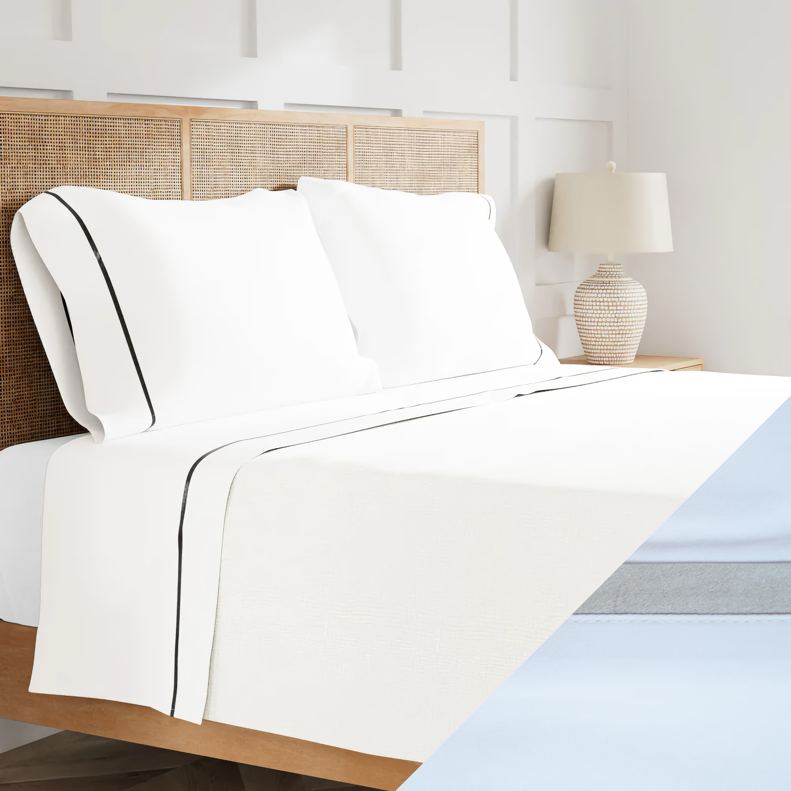 Side View of Ann Gish Silk Trim Bedding with Silver Swatch