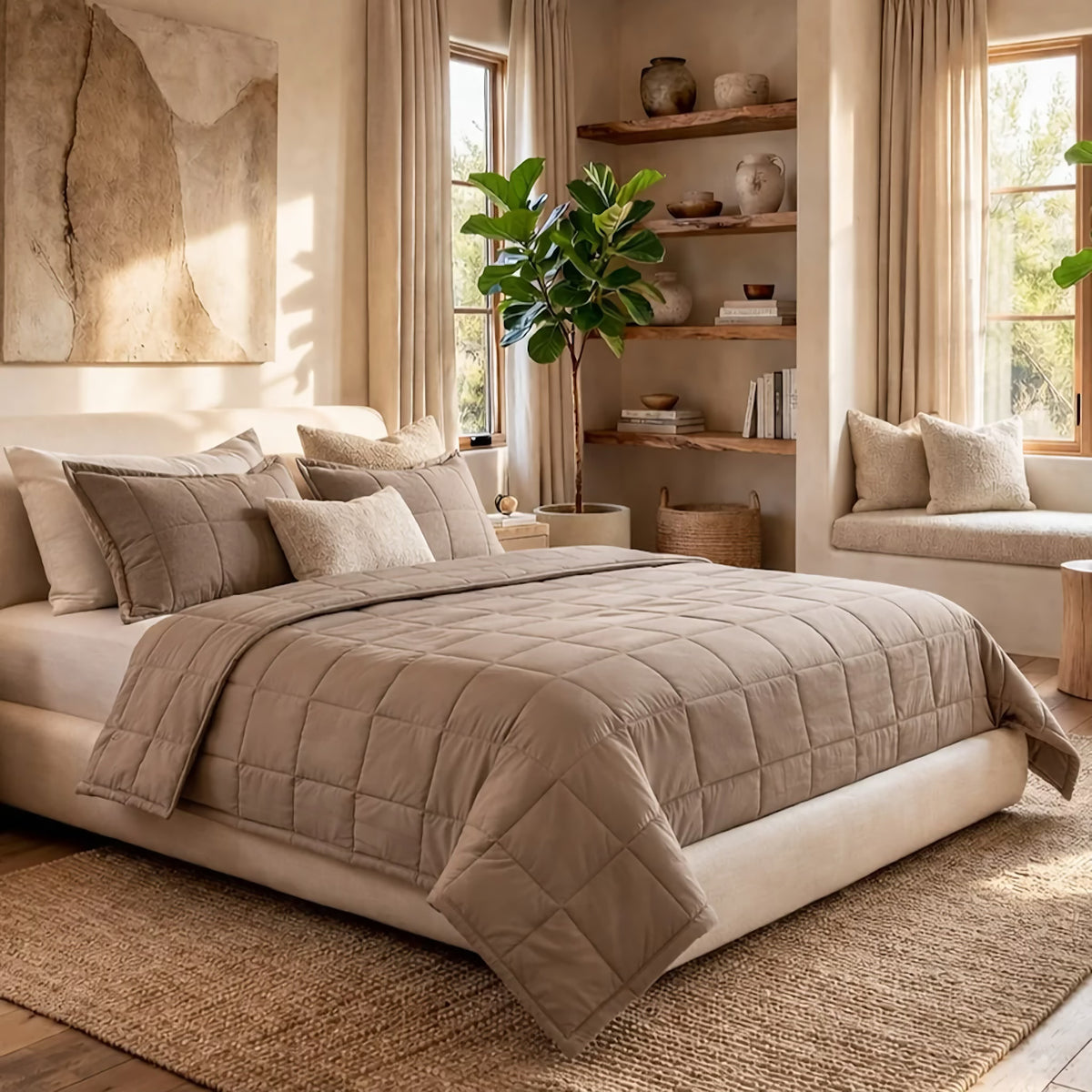 A bedroom with a Cafe au Lait colored Ann Gish Slub Tencel Quilted Coverlet Set, large windows, shelves, a potted plant, and window seat