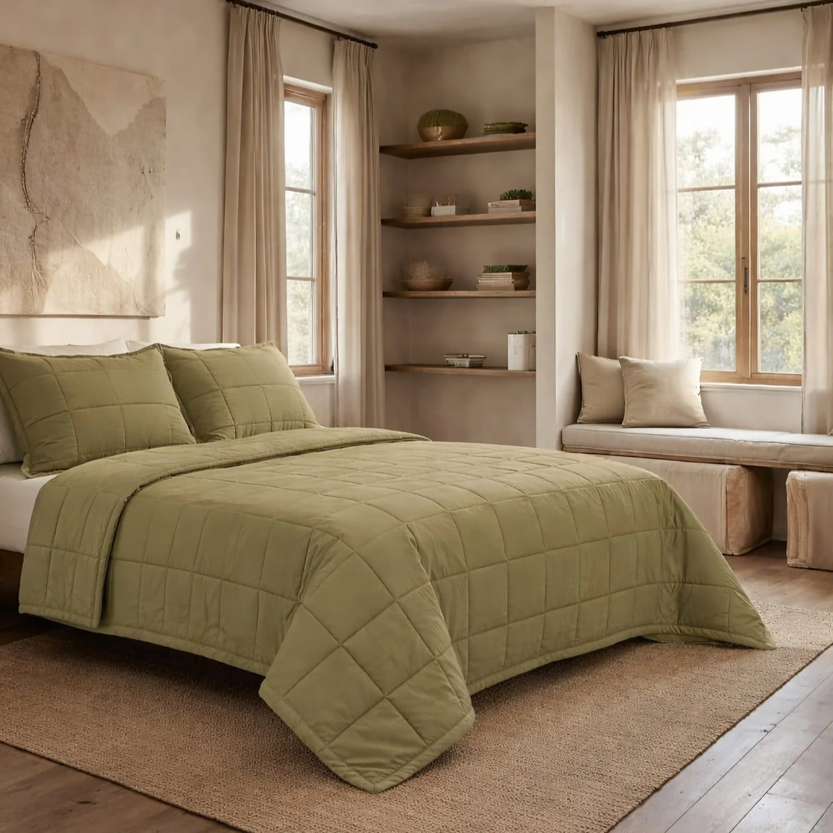 A bedroom with a Marine colored Ann Gish Slub Tencel Quilted Coverlet Set, built-in shelves, and large windows