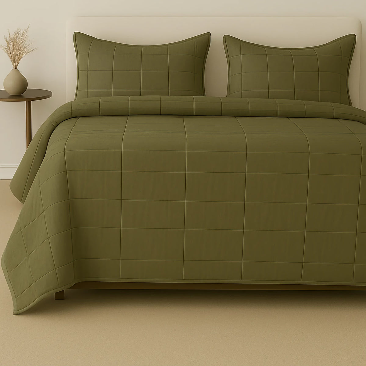 Olive colored Ann Gish Slub Tencel Quilted Coverlet Set