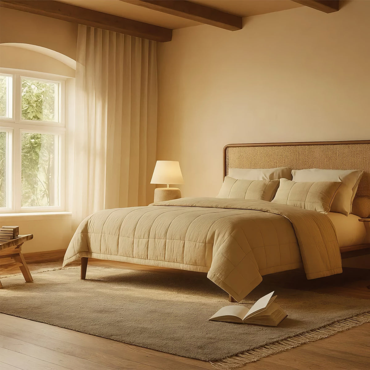 A neatly made bed with Cafe au Lait colored Ann Gish Slub Tencel Quilted Coverlet Set in a softly lit bedroom, book open on a tan rug