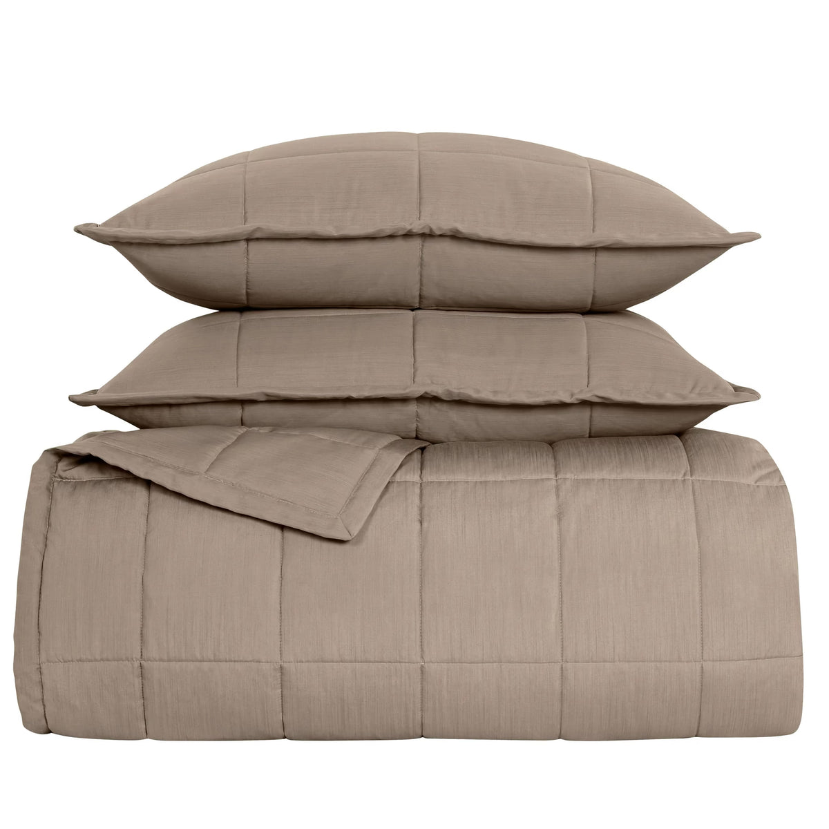 Stack of Cafe au Lait colored Ann Gish Slub Tencel Quilted Coverlet Set