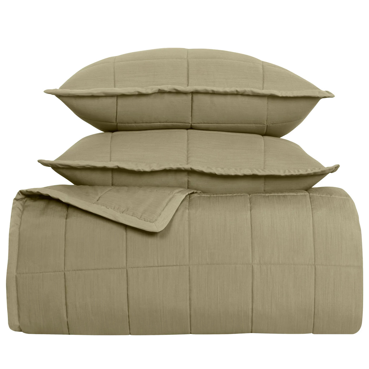 Stack of Olive colored Ann Gish Slub Tencel Quilted Coverlet Set