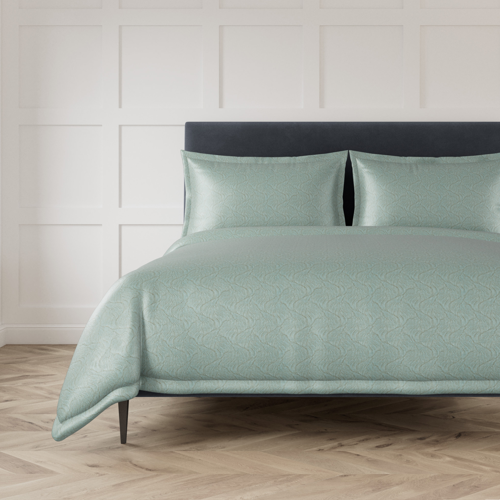 Bed in Aqua Color Ann Gish Tidal Duvet Set