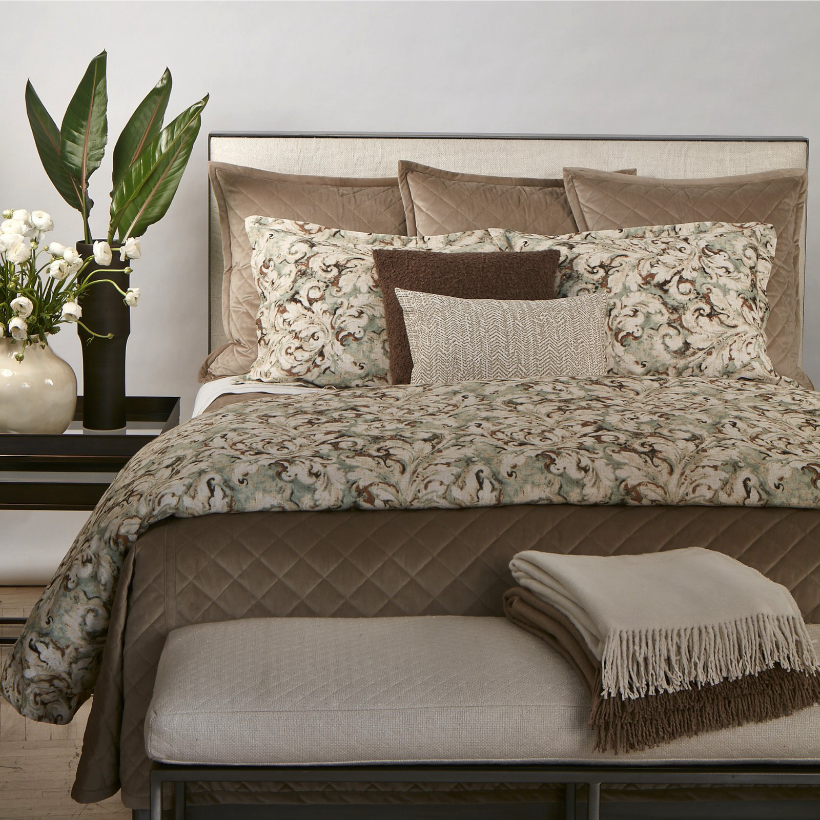 Ann Gish Velvet Coverlet Set in Taupe with Coordinate Bedding