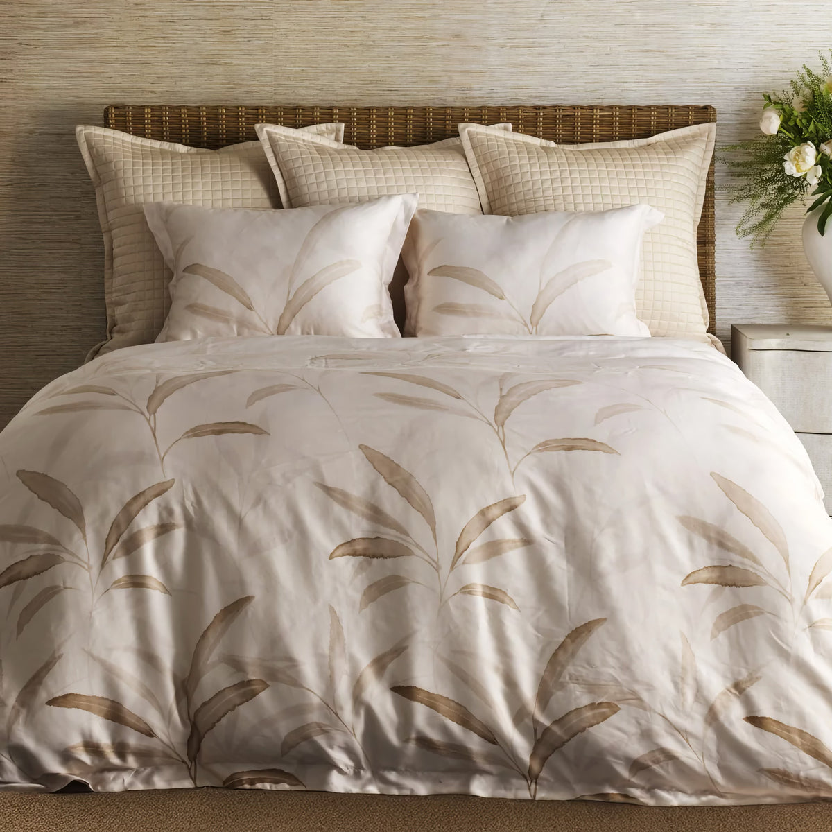 Bone and Taupe-colored Ann Gish Willow Duvet Set with bedding coordinate