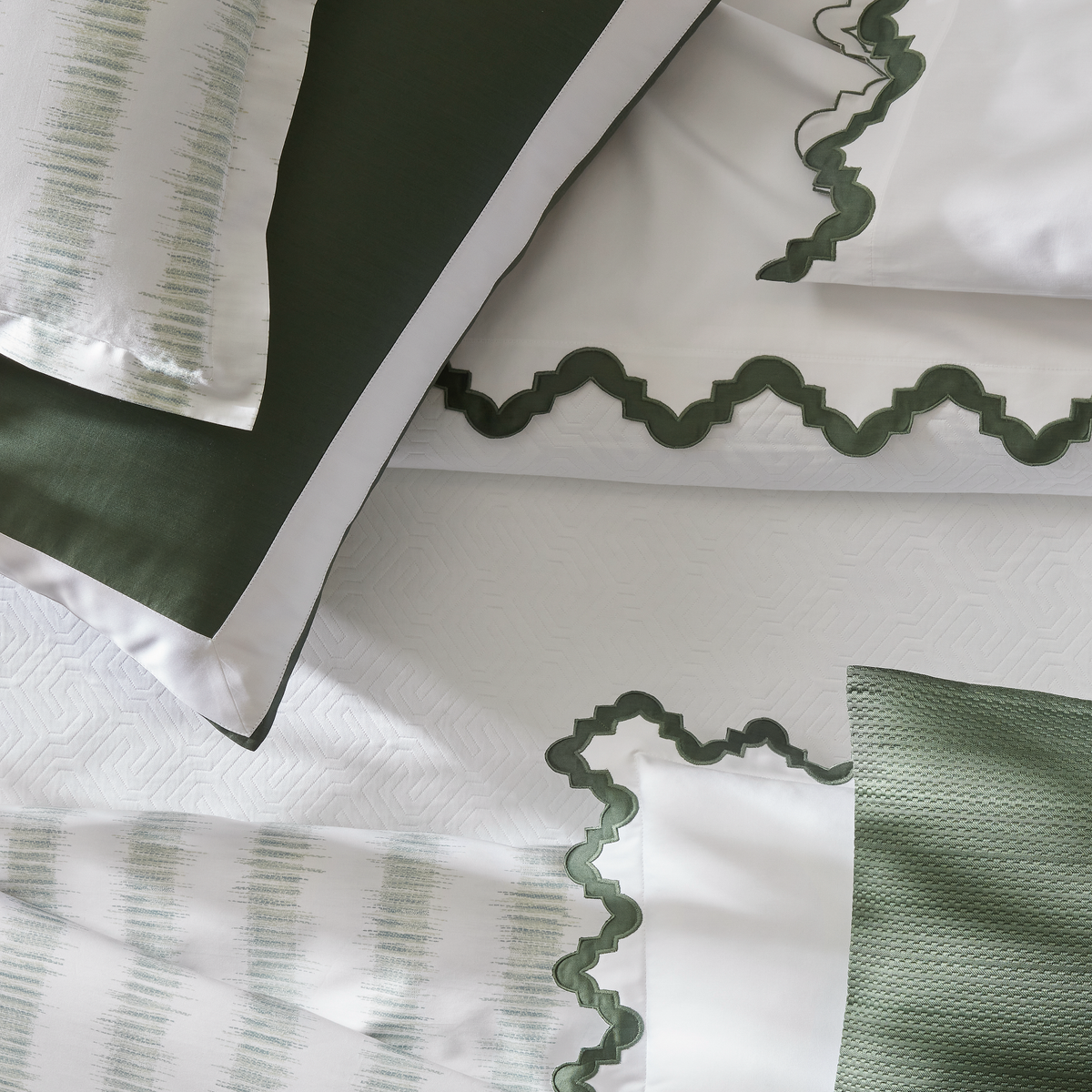 Assorted Green Matouk with Edges Closeup View of Aziza Bedding