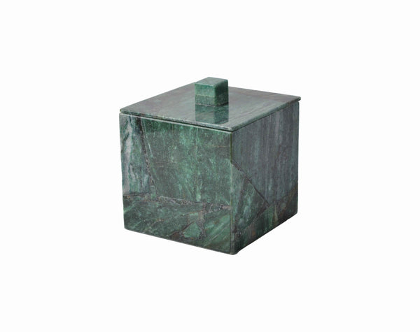 A green aventurine marble box with lid and knob, perfect for luxury gemstone bath accessories or bathroom decor.