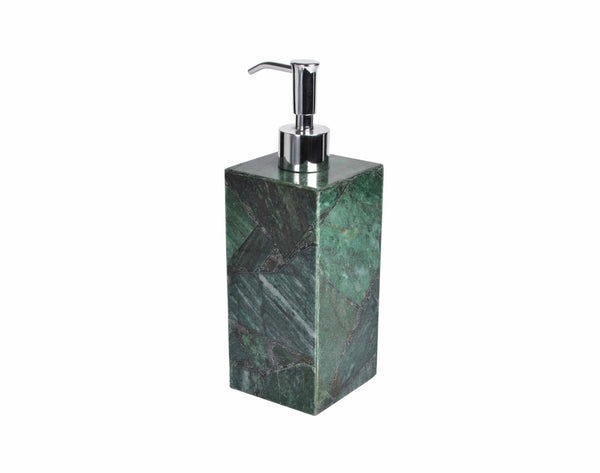 A square green marble soap dispenser with a silver pump, perfect for gemstone bathroom decor.