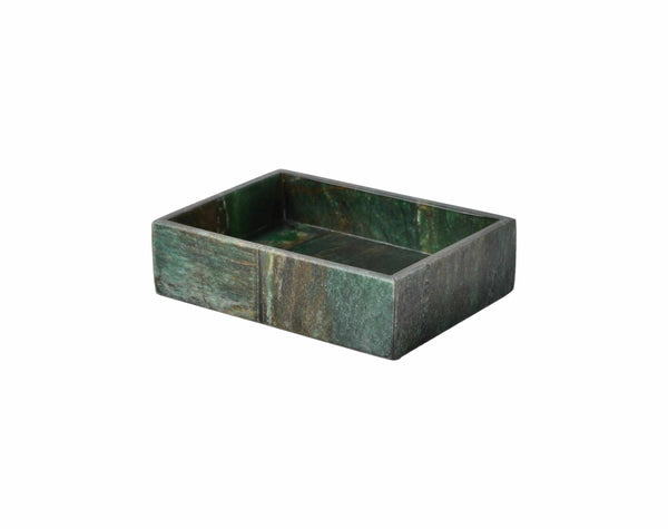 A rectangular green marble tray—perfect as luxury bath accessories or chic gemstone bathroom decor—on a white background.