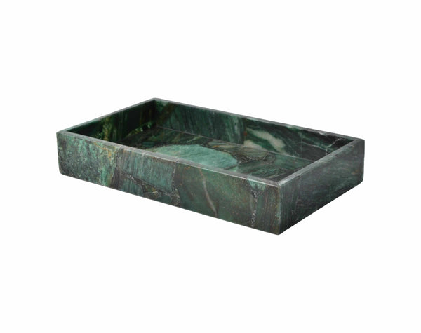 Rectangular green marble tray with raised edges, perfect for luxury bath accessories on a white background.