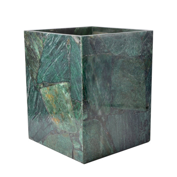 Square green marble vase with visible veining, a polished surface; perfect for luxury bath accessories.