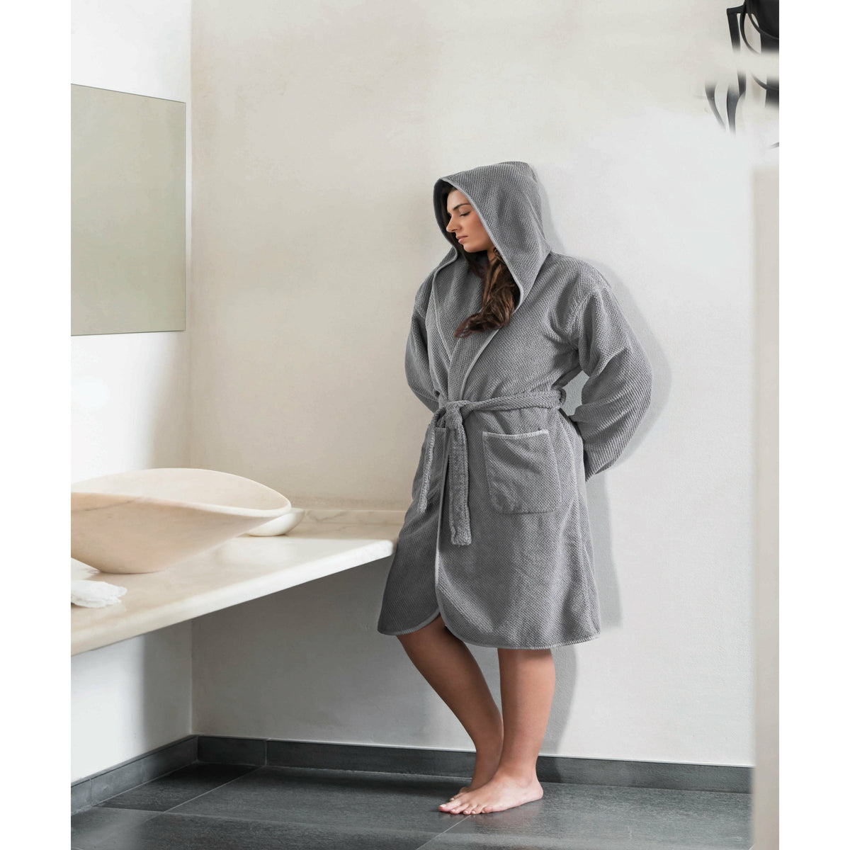 Graccioza Bee Waffle Hooded Robe Swatch Lifestyle Natural Fine Linens