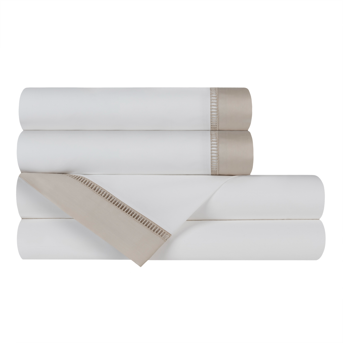 Stack of Latte on White Folded BOVI Escada Sheet Set