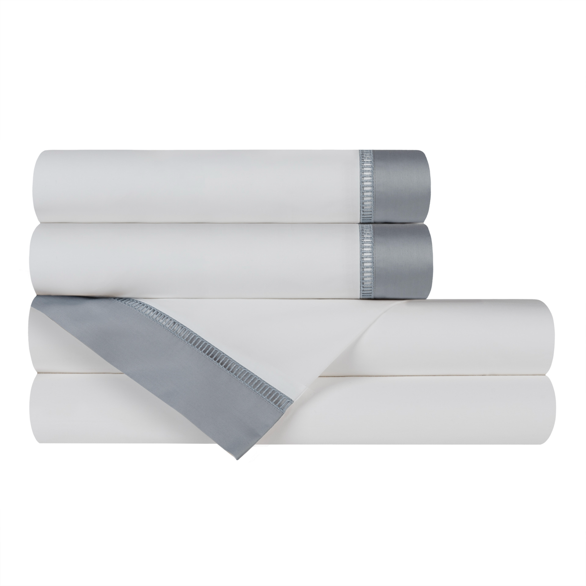 Stack of Ocean Blue on White Folded BOVI Escada Sheet Set