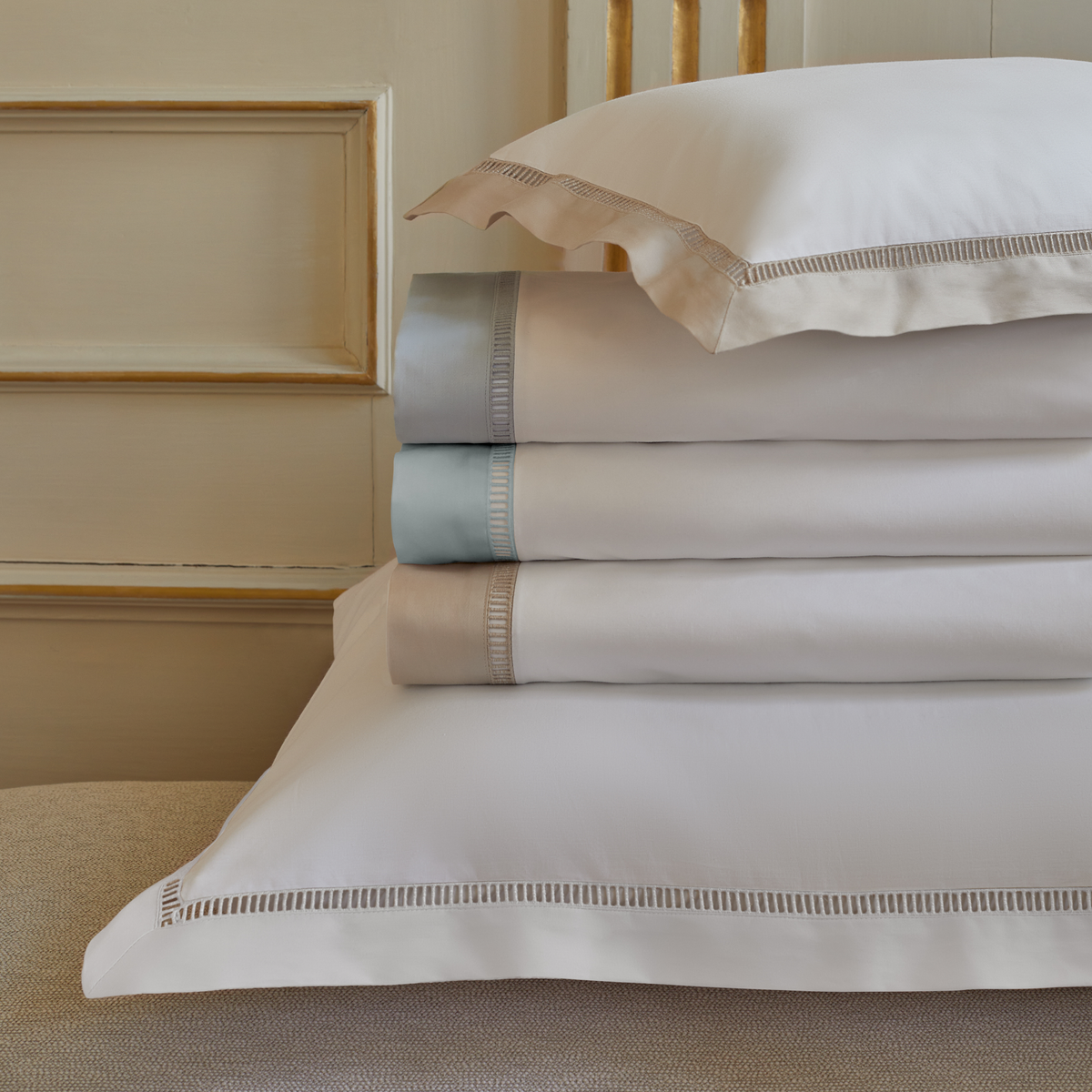 Stack of BOVI Escada Bedding in different accent colors