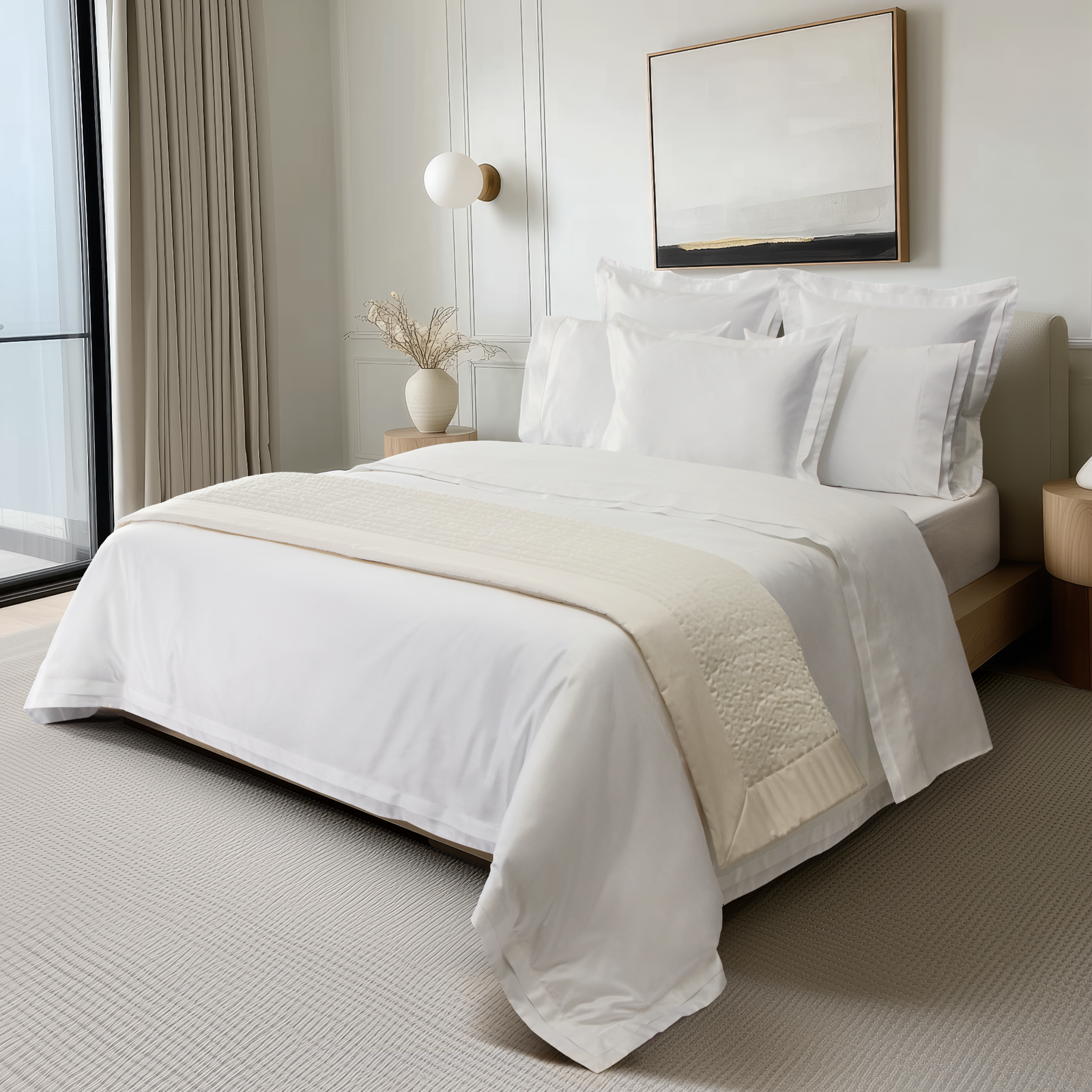 A bed in White BOVI Luxor Bedding Collection in a 5-Star hotel like room