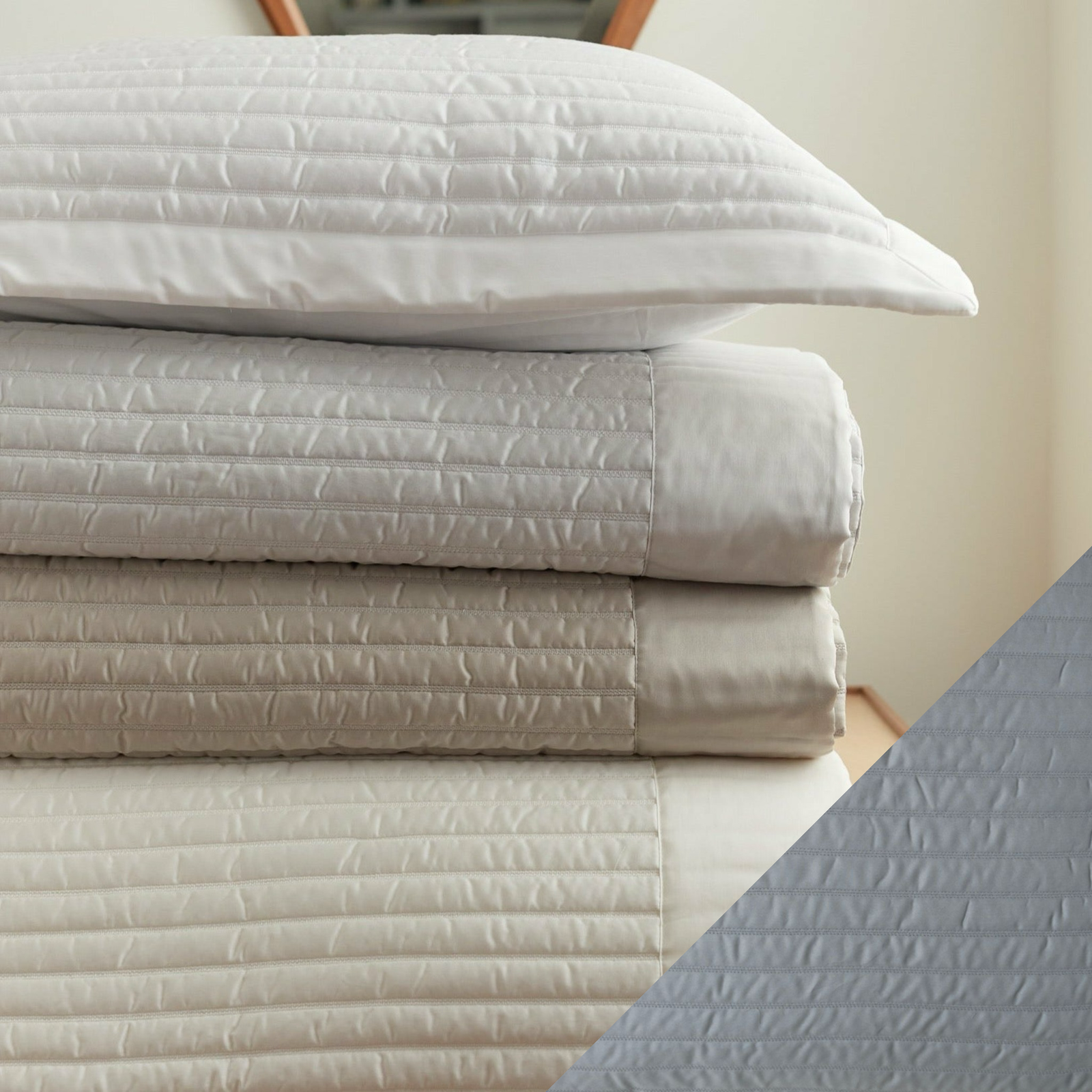 BOVI Monroe Coverlet Main Ivory Fine Linens with Ocean Blue Swatch