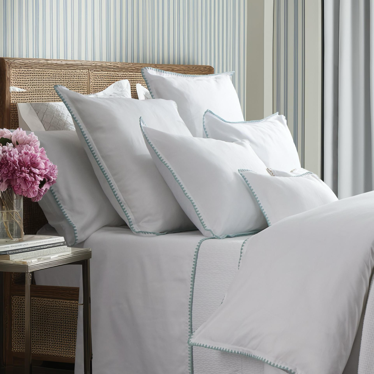 Closeup of Bed in White and Aqua BOVI Poppy Bedding collection