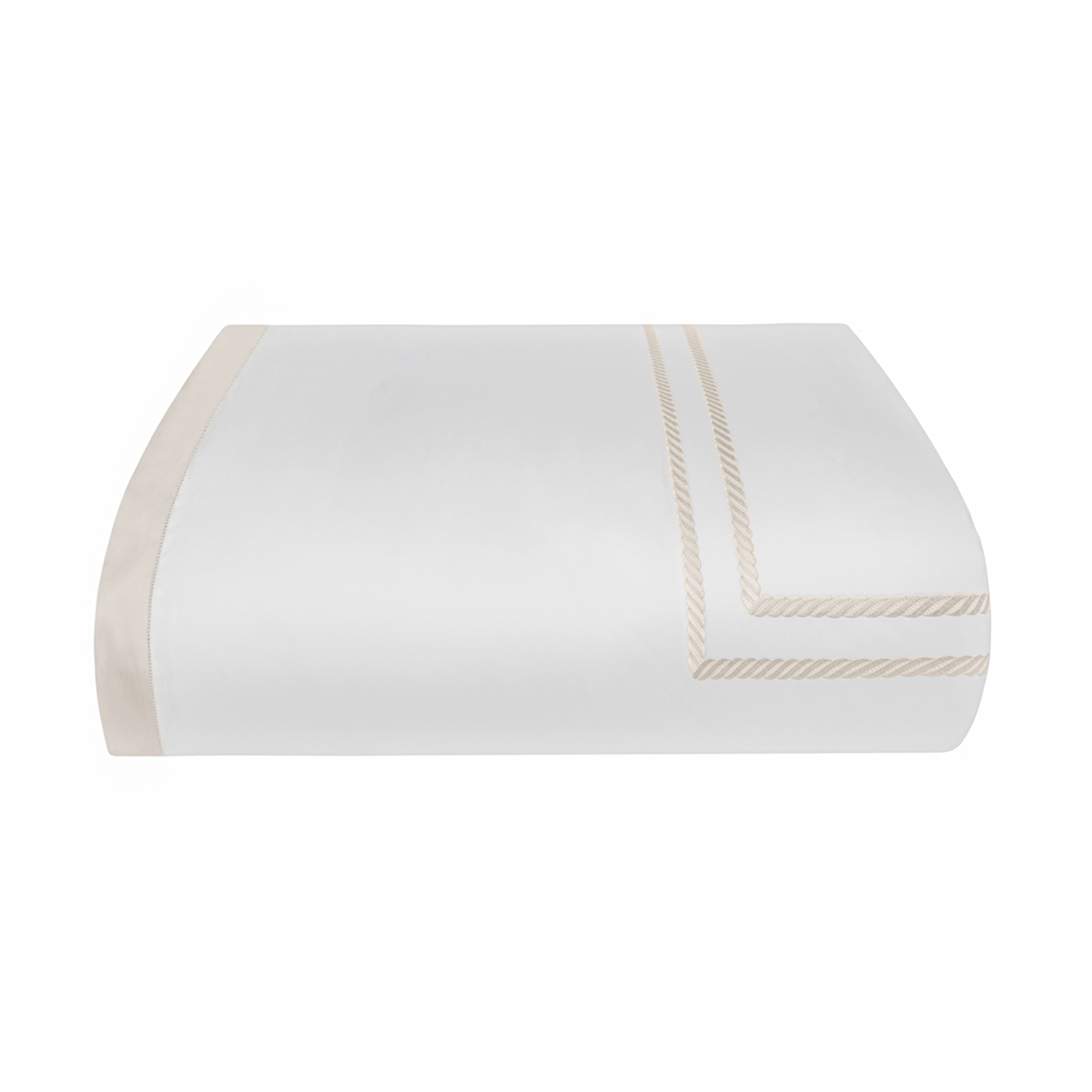 Folded BOVI Simone embroidered bedding in white with a beige border and parallel embroidered lines, on a white background.