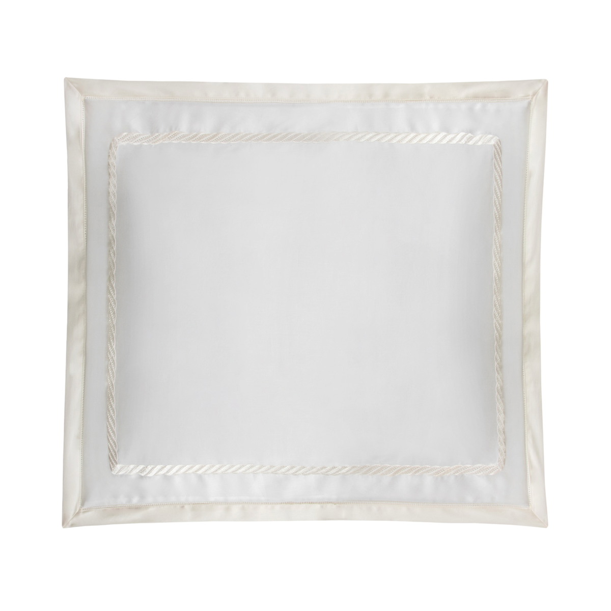 A rectangular white satin pillowcase with a shiny border, part of the luxurious BOVI Simone Bedding collection.