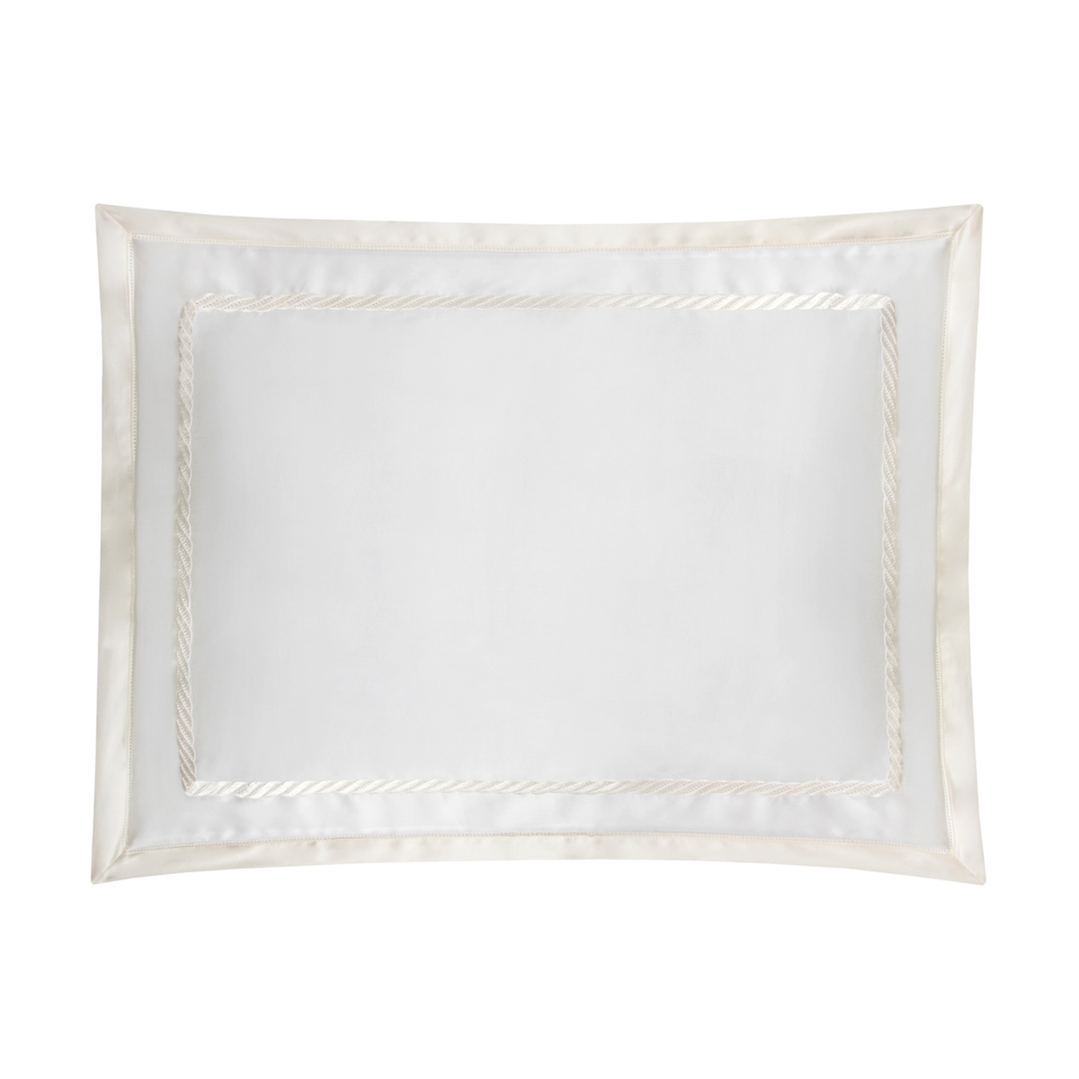 White rectangular pillowcase with a satin border and twisted rope design, part of the BOVI Simone luxury sateen bedding collection.