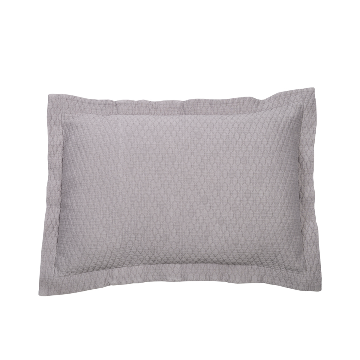 Rectangular light gray cotton matelassé pillow with a textured pattern and stitched border, shown on a white background.