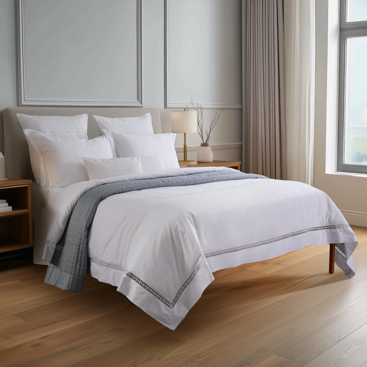 Bed in White BOVI Sloan Bedding Collection with Monroe coverlet in Ocean Blue