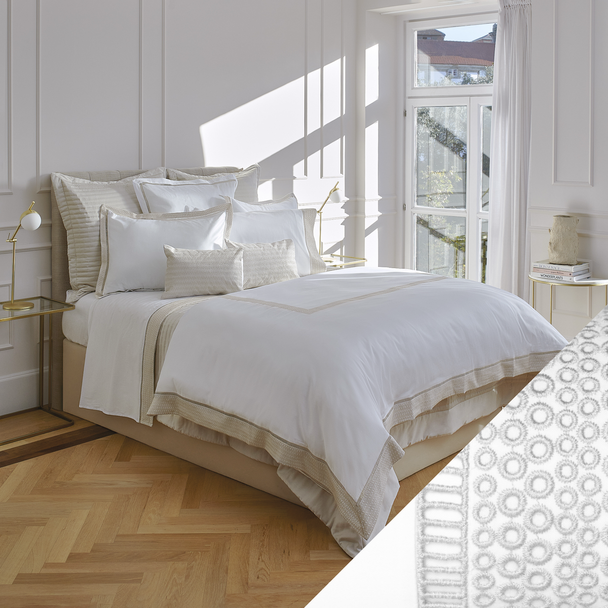 BOVI Windsor Bedding Full Lifestyle in a well lit room with Silver Swatch