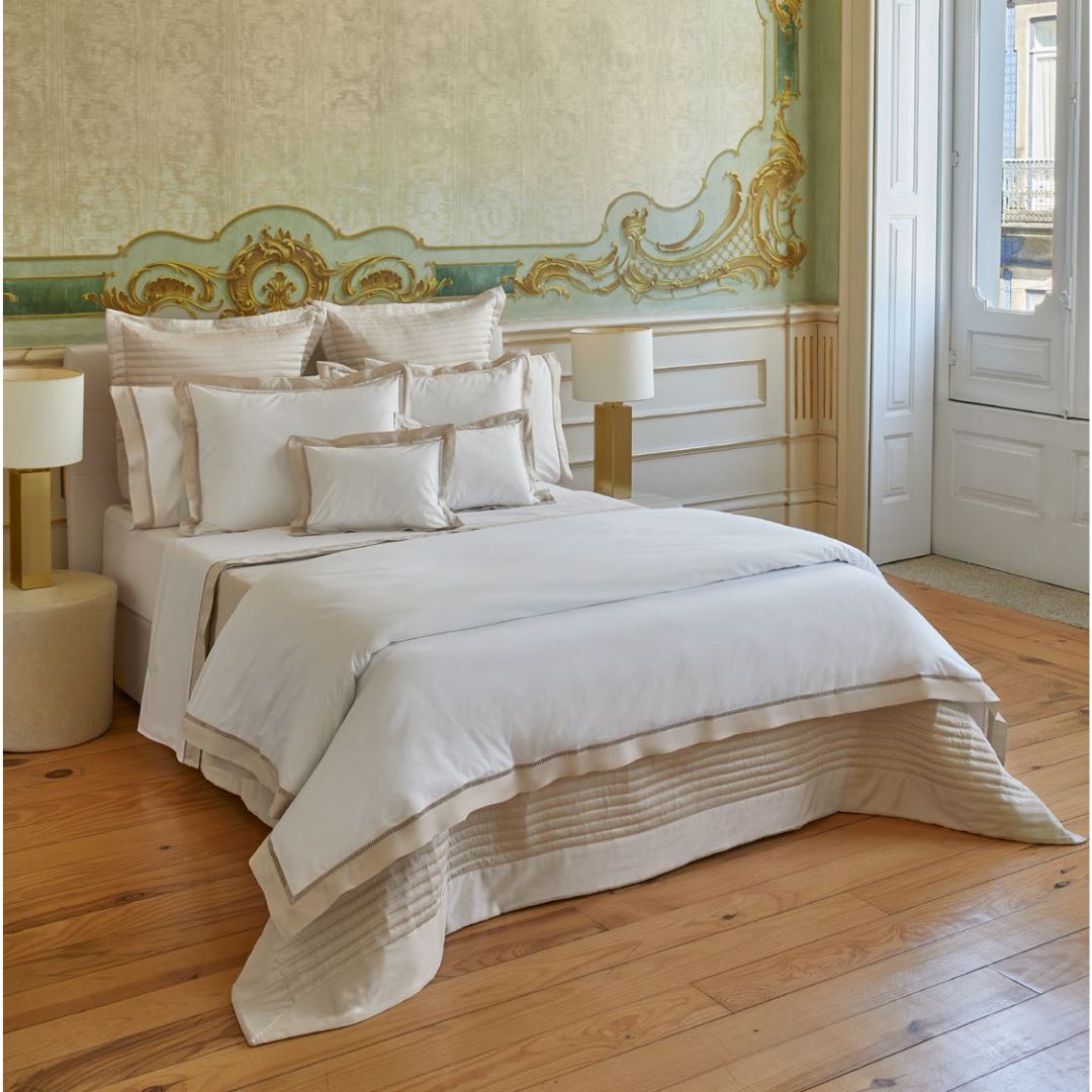 BOVI Escada Bedding in Latte featuring BOVI Monroe Coverlet and Shams