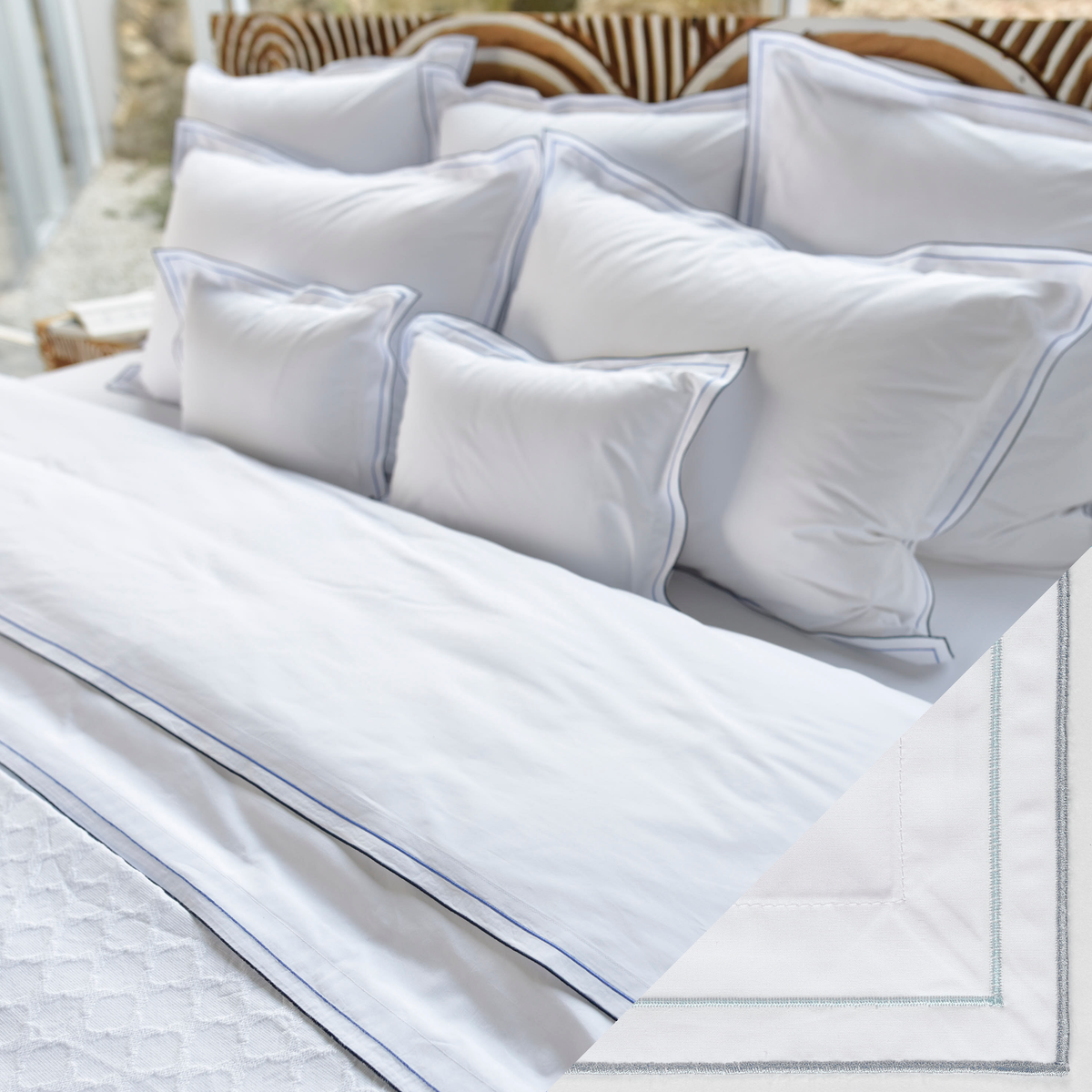 Lifestyle Shot of Celso de Lemos Areo Bedding with Atlantic Swatch
