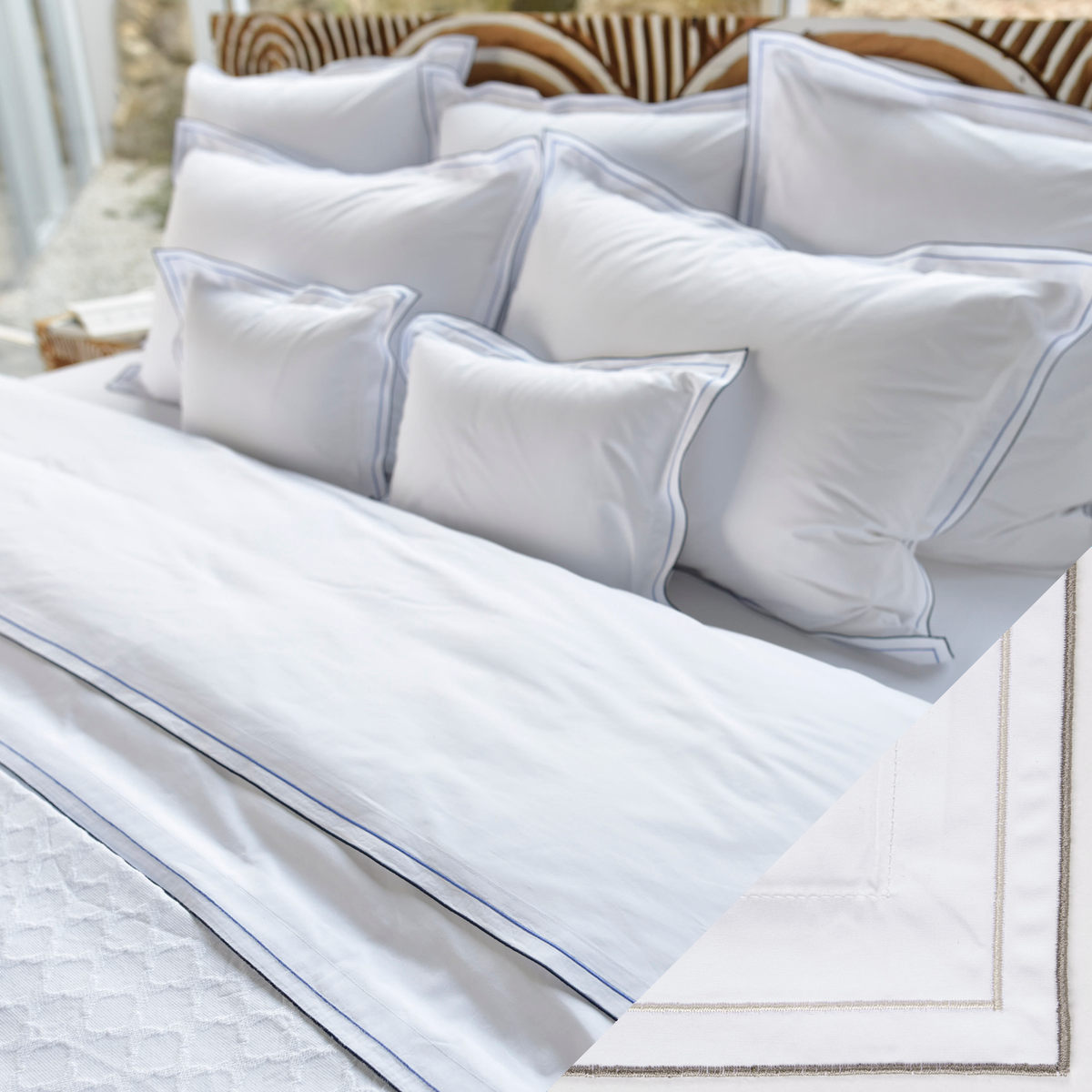 Lifestyle Shot of Celso de Lemos Areo Bedding with Eucalyptus Swatch