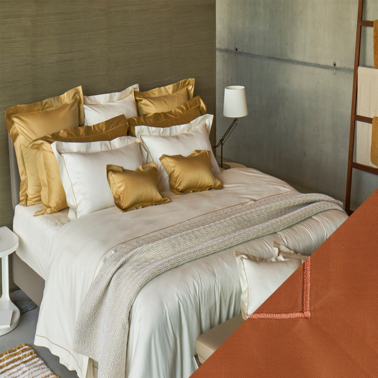 Celso de Lemos Bourdon Bedding Collection with Caramel Swatch