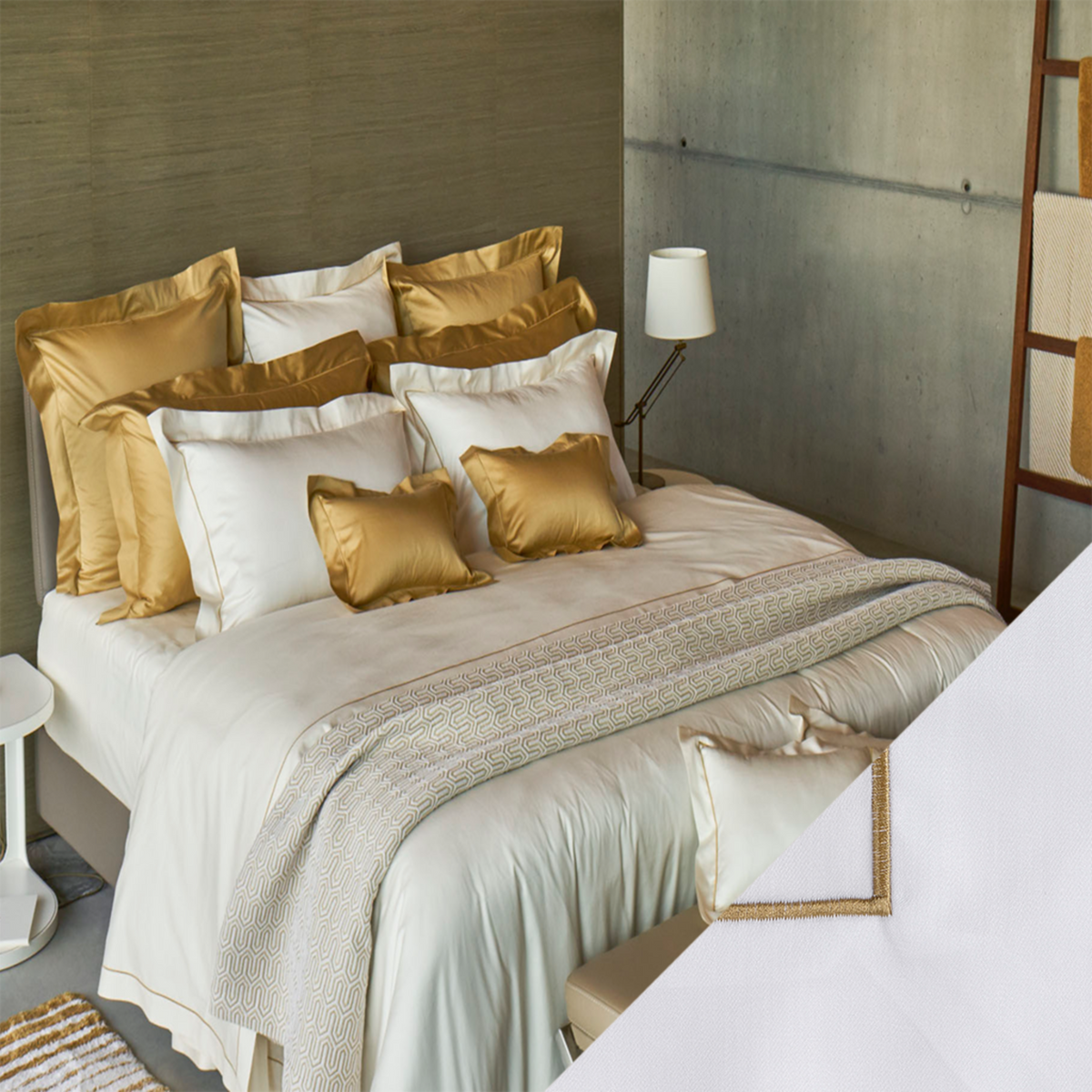 Celso de Lemos Bourdon Bedding Collection with Gold Swatch